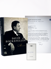 Load image into Gallery viewer, A first edition of Memoirs and a Chase Bank document both signed by David Rockefeller
